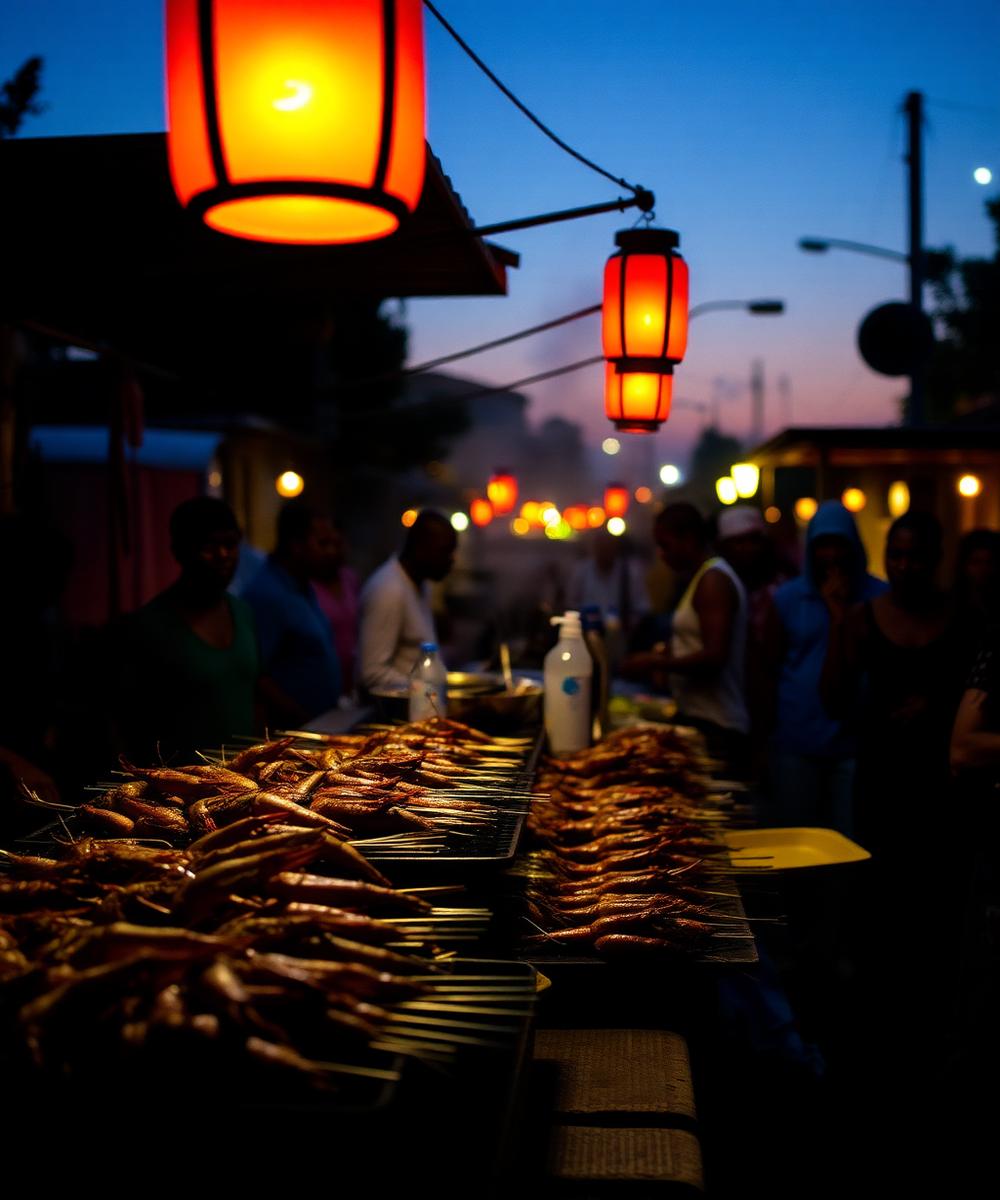 Street grills with prawns under lanterns in Maputo at dusk