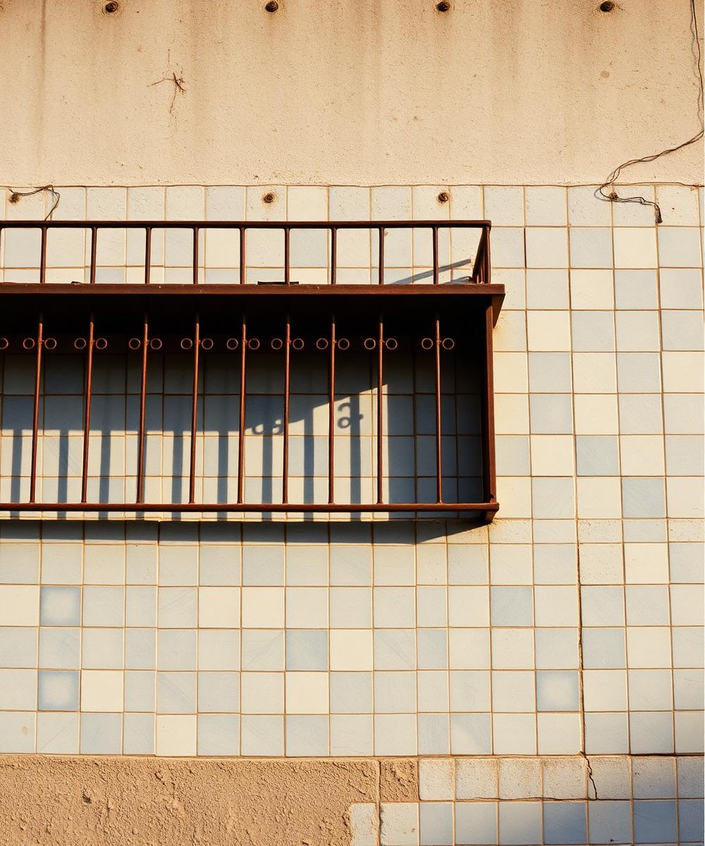 Weathered blue and white tiled wall with a rusted iron balcony in Maputo
